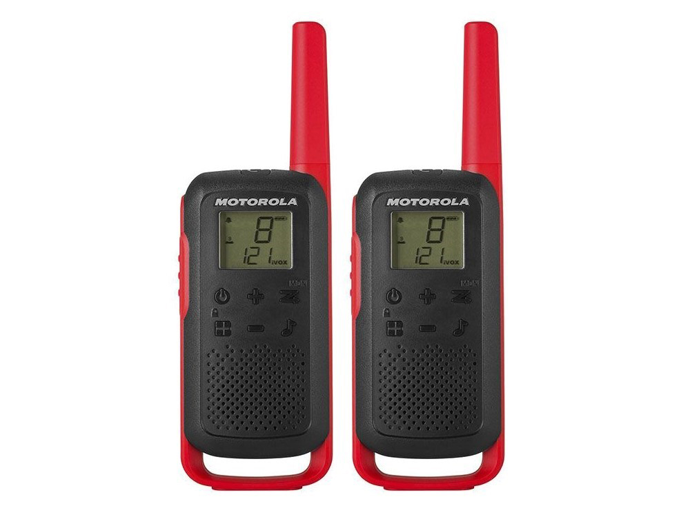 B6P00811RDRMAW De Motorola TLKR T62 (Rood) is een vergunningsvrije walkie talkie met maximaal 16 kanalen en een LCD-scherm.