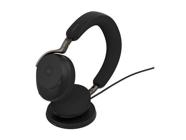 JA37599-989-889 Jabra Evolve3 75 UC met laadstation: ultralichte on-ear headset met adaptieve ANC, 6 microfoons, ClearVoice-technologie en stijlvol draadloos opladen voor een opgeruimde werkplek.