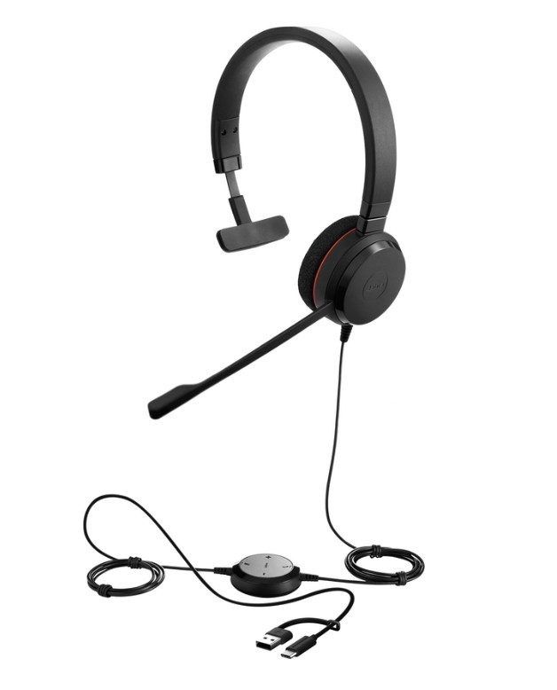 JA-4993-823-169 Wired Jabra Evolve 20 USB-A/C headset: stereo audio, noise-cancelling mic, inline controls, and cushioned ear pads for clear calls on PC, Mac, and mobile devices.