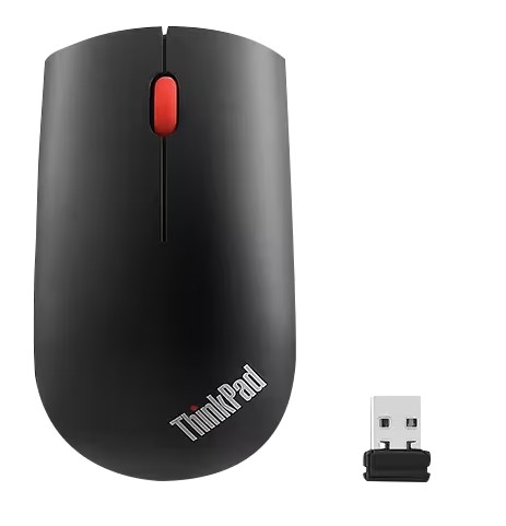 LE-4X30M56887 Lenovo Essential Wireless Mouse: ergonomic design, precise optical sensor, plug-and-play USB dongle, and silent click buttons for comfortable, reliable navigation.