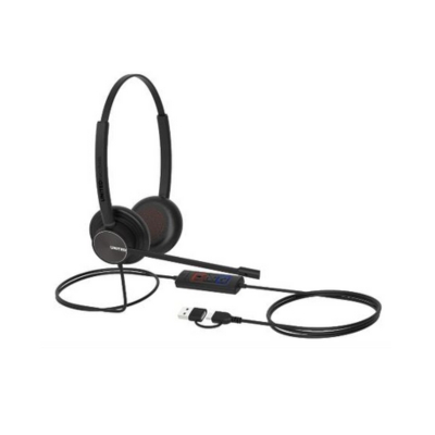 UH-MAX45 USB-headset met ruisonderdrukking, inline bedieningsknoppen en zachte oorkussens. Comfortabel voor kantoor en thuiswerk.