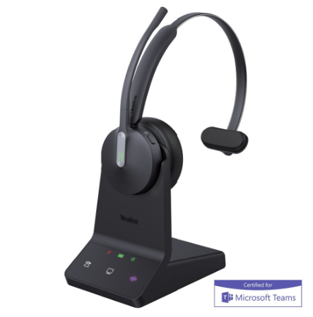 YE-1208671 Mono DECT + Bluetooth headset met Teams-certificering. Ruisonderdrukking, lange batterijduur en busylight-indicator.