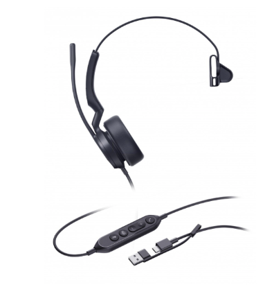 YE-1308188 Mono USB headset with USB-A/C and Teams button. Noise-cancelling mic and lightweight for focused professional calls.