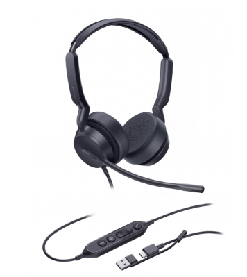 YE-1308215 Stereo USB-headset met USB-A/C, geschikt voor UC-platforms. Twee microfoons, ruisonderdrukking en premium draagcomfort.